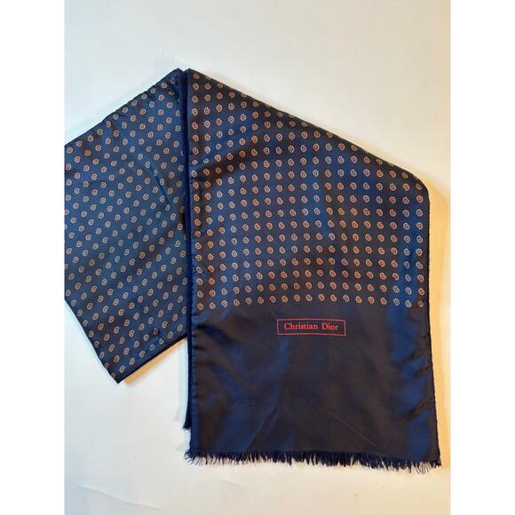 CHRISTIAN DIOR Vintage Navy Paisley Scarf, Dbl Sided Italian Silk & English Wool - Picture 3 of 5